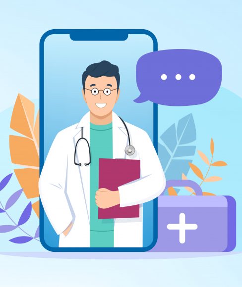 Online doctor consultation, diagnostics, advice or support of patient over the internet, video call on mobile phone. Flat design concept healthcare application for website. Medical health service.